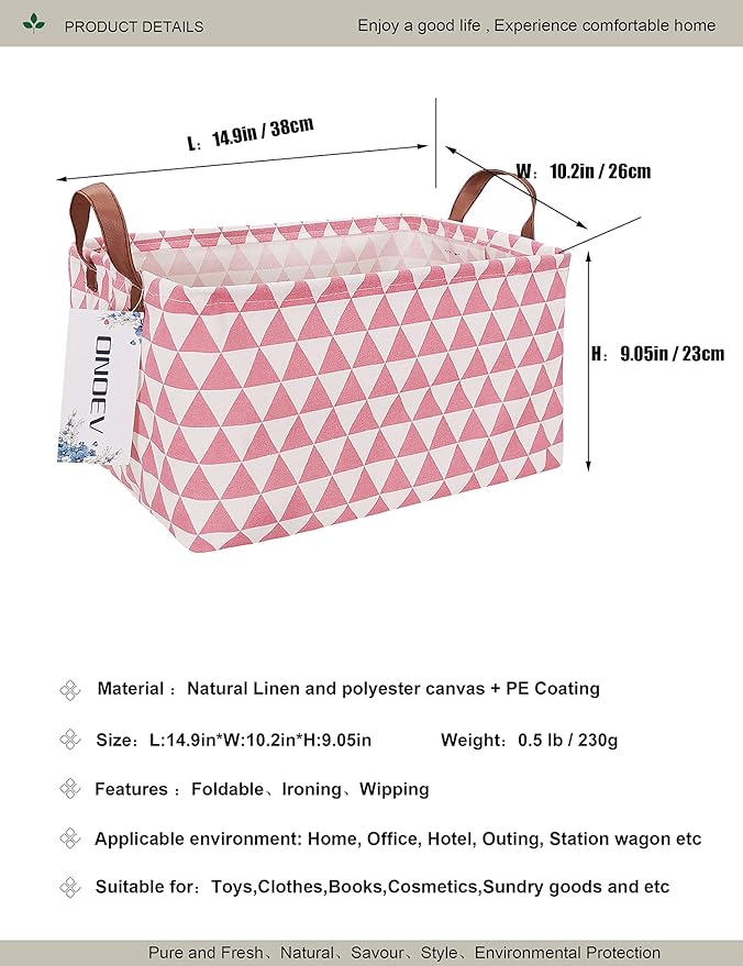 Rectangular Fabric Storage Box, Decorative Basket and Finishing Basket with Handle are Used for The Storage of Clothes, Books and Sundries(Pink Triangle) 1-Ruum Studio Home
