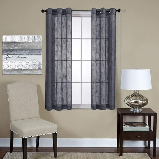 MIUCO Semi Sheer Curtains Poly Linen Textured Solid Grommet Curtains 63 Inches Long for Living Room 2 Panels (2 x 37 Wide x 63" Long) Charcoal Grey-Ruum Studio Home