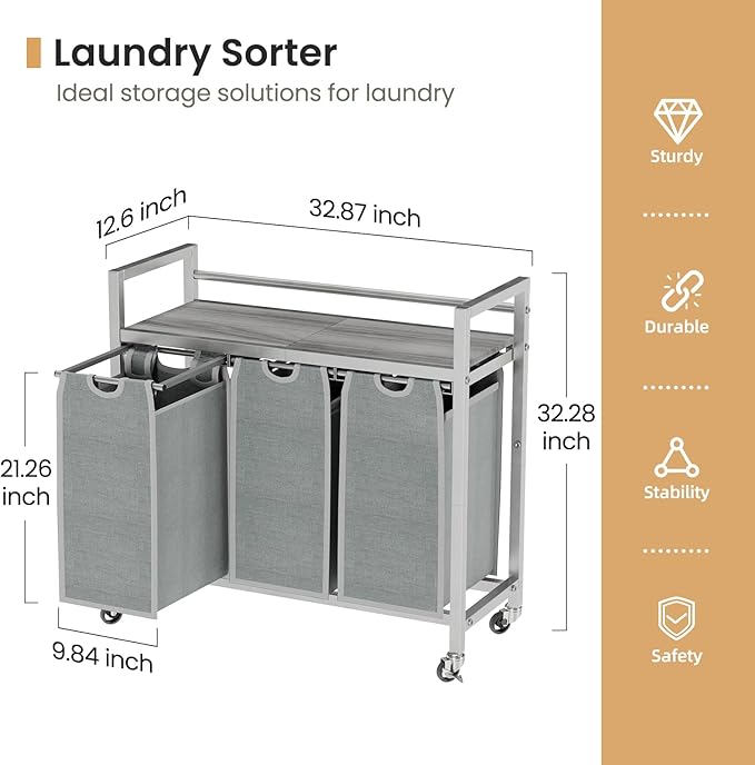 Laundry Hamper, Laundry Basket, Laundry Sorter with 3 Removable Bags, Clothes Basket with 3 Compartments, Wheels, Shelf for Laundry Room Bathroom Bedroom (3 Bags-Gray)-Ruum Studio Home