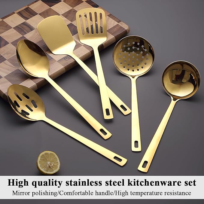 Evanda Gold Kitchen Utensils Set 6pcs, Titanium Plating Stainless Steel Cooking Utensils Set, Heavy Duty Kitchen Tools Spatulas Set, Home Essentials Kitchen Gadgets Accessories-Ruum Studio Home