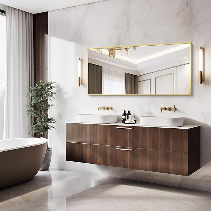 Gold Bathroom Mirror for Wall, 60x30 Inch Rectangle Mirrors with Metal Frame, Modern Vanity Wall Mirror Decor for Bathroom Living Room, Entryway Hangs Horizontal or Vertical-Ruum Studio Home