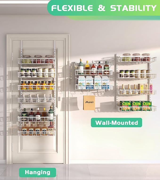 Over The Door Pantry Organizer, Wall Mount Spice Rack, Pantry Hanging Storage and Organization, 6 Adjustable Baskets Heavy-Duty Metal for Home & Kitchen, Back of Door Seasoning Rack - White-Ruum Studio Home
