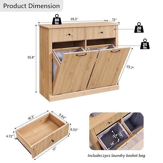 Modern Double Tilt-Out Trash Cabinet, 20 Gallon Fluted Laundry Hamper Cabinet with 2 Drawers, Wooden Hidden Garbage Can Cabinet with Storage Basket for Kitchen & Living Room, Natural Oak-Ruum Studio Home
