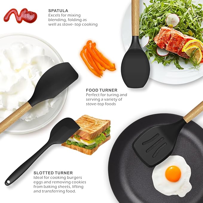 Silicone Cooking Utensils Set - 446°F Heat Resistant Silicone Kitchen Utensils for Cooking,Kitchen Utensil Spatula Set w Wooden Handles and Holder, BPA FREE Gadgets for Non-Stick Cookware (Black)-Ruum Studio Home