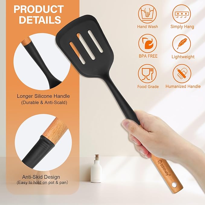 Silicone Cooking Utensils Set, 6 Pack Large Kitchen Utensils Set with Wooden Handle, Heat Resistant Silicone Utensil Spatula Set for Nonstick Cookware, Spatula, Turner, Spoon, Ladle BPA Free (Black)-Ruum Studio Home