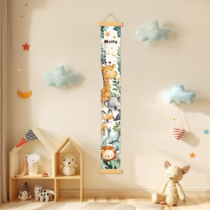 Personalized Name Growth Chart Wall Decor for Kids – Canvas Removable Height Chart Measuring Ruler 59" x 7.9" (Cute Animals)-Ruum Studio Home