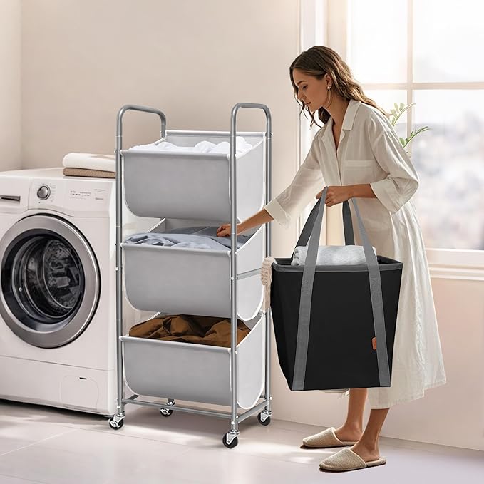 STORAGE MANIAC 120 Liters Vertical Rolling Laundry Hamper, 3 Section Laundry Sorter with Wheels and 2 Breaks, 3-tier Laundry Baskets for Small Space, Dorm, Laundry Room, Closet, Bathroom, Gray 3-tier-Ruum Studio Home