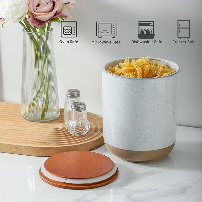 Hasense Ceramic Canister with Airtight Lid for Kitchen Counter, 80 Ounce Large Ceramic Food Storage Jar with Seal Ring for Serving Flour, Grain, Cereal, Pasta, Coffee, Sugar and Tea, Greyish White-Ruum Studio Home