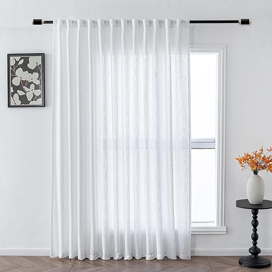 MYSKY HOME Patio White Curtains for Sliding Door, Living Room Curtains & Drapes Soft Cotton Farmhouse Window Treatments 90 inch Length 1 Panel Set Linen Look Semi Sheer Draperies, 100" W x 90" L-Ruum Studio Home