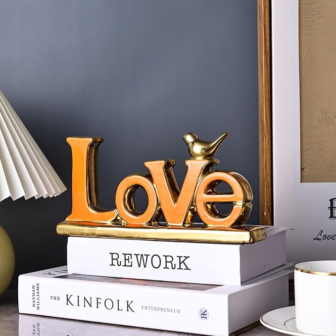 Love Sign Decoration,Orange and Gold Love Signs for Home Decor,Gold Bird Sculpture Personalized Love Decor,Gold Style Figurine Decorative Ornaments for Living Room,Bedroom,Cabinets (Love, Orange)-Ruum Studio Home