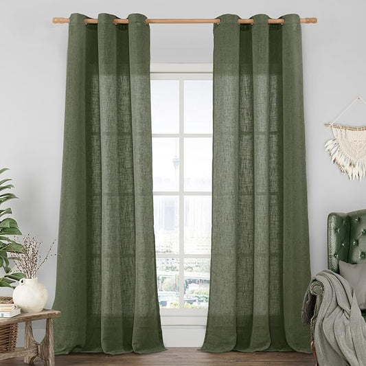 LAMIT Olive Green Linen Curtains 84 inch Length, Soft Linen Textured Light Filtering Semi Sheer Panels with Bronze Grommet for Bedroom/Living Room, 2 Panels, 34 x 84 Inch-Ruum Studio Home
