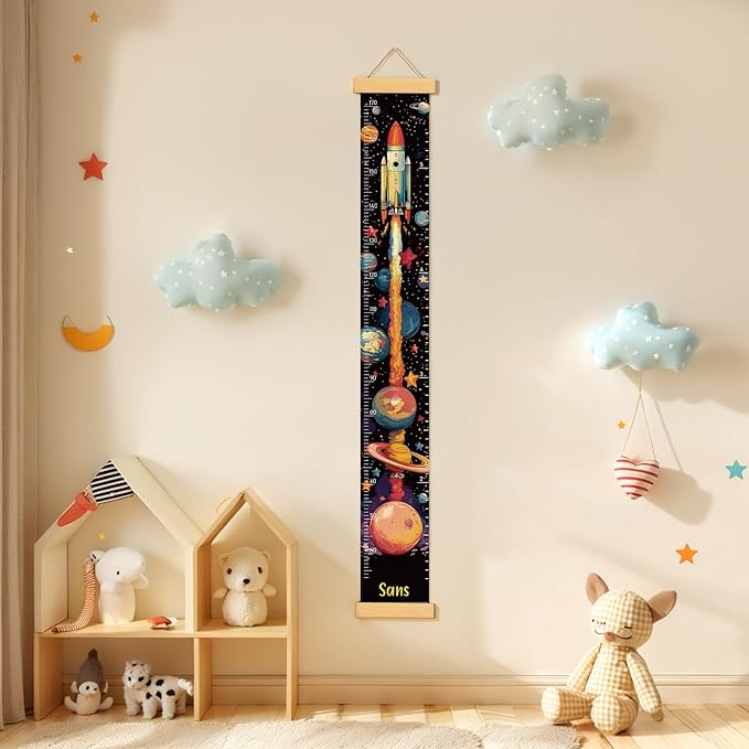 Personalized Name Growth Chart Wall Decor for Kids – Canvas Removable Height Chart Measuring Ruler 59" x 7.9" (Rocket)-Ruum Studio Home