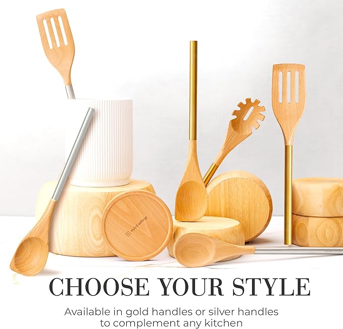 STYLED SETTINGS Wood Cooking Utensils Set with Stainless Steel Handles – 6-PC Durable Wooden Spoons for Cooking, Serving, & Mixing – Kitchen Utensils Set for Nonstick Cookware, Great for Gifting-Ruum Studio Home