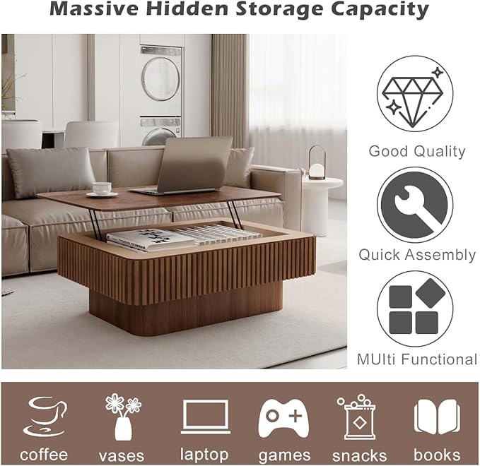Lift Coffee Table with Storage & Adjustable Height, Solid Wood Coffee Table Fluted Center Table Accent Tea Table or Living Room, Apartment, Office (38.6" Walnut)-Ruum Studio Home