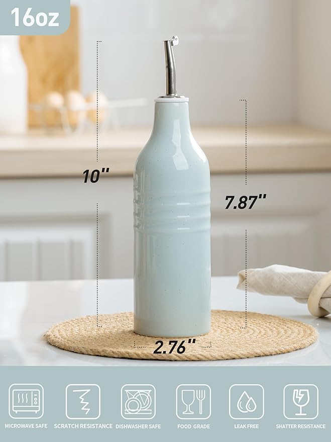 famiware Jupiter 16oz Ceramic Olive Oil Dispenser Bottle, 1 Piece Oil Dispenser for Kitchen with Stainless Steel Pourers, Suitable for Storage Vinegar, Soy Sauce, Coffee Syrup, Light Blue-Ruum Studio Home
