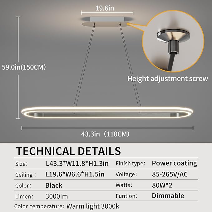 Island Lights, Linear Pendant Light LED Dimmable Hanging Light Fixture, 3000K-6000K with Remote Control,Chandeliers for Dining Room(Silver,43.3IN)