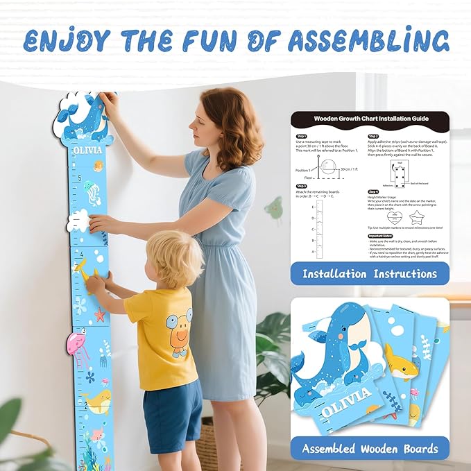Personalized Name Growth Chart, Marine Animals Wooden Growth Chart for Kids, Height Chart for Boys Girls, Measuring Board for Kids Height for Child's Room, Nursery Decor Decoration-Ruum Studio Home