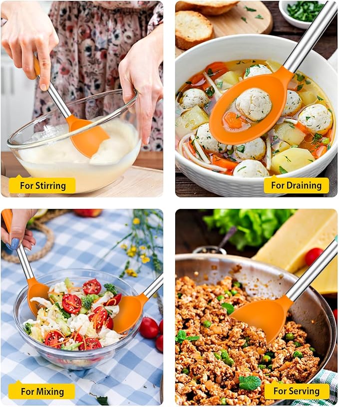 Pack of 2 Large Silicone Cooking Spoons,Non Stick Solid Basting Spoon,Heat-Resistant Kitchen Utensils for Mixing,Serving,Draining,Stirring (ORANGE)-Ruum Studio Home