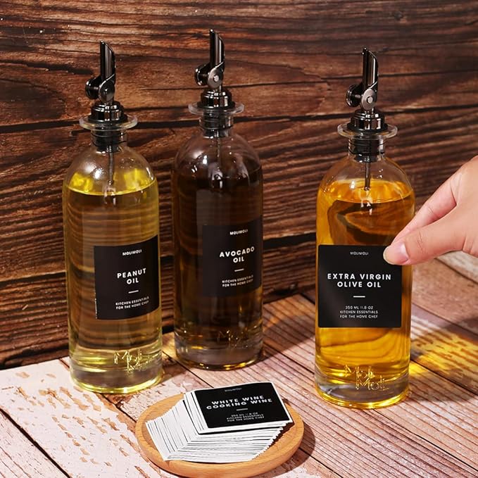 Molimoli Oil and Vinegar Dispenser with Metal Pour Spout, Weighted Pourer, Glass Bottle Dispenser for Kitchen, Olive Oil Cruet, Glass Olive Oil Bottle | 500ml, Set of 2-Ruum Studio Home