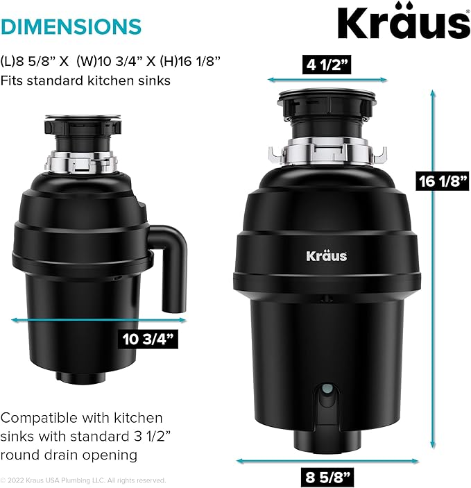 KRAUS WasteGuard 1 HP Ultra-Quiet Garbage Disposal with Quick Connect, Kitchen Sink Drain Cover, Power Cord and Flange Included, KWD100-100MBL-Ruum Studio Home
