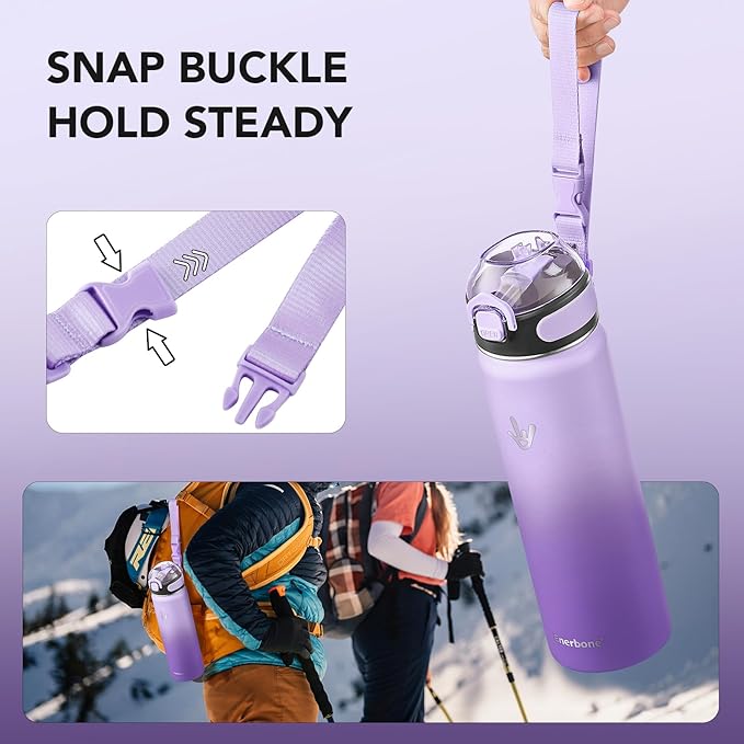 Enerbone 24 oz Insulated Water Bottle, Stainless Steel Bottle with Carrying Strap, Double-Wall Vacuum Insulation Design, Leakproof Sports Bottle with Straw, Keep Drinks Cold or Hot for Hours-Ruum Studio Home