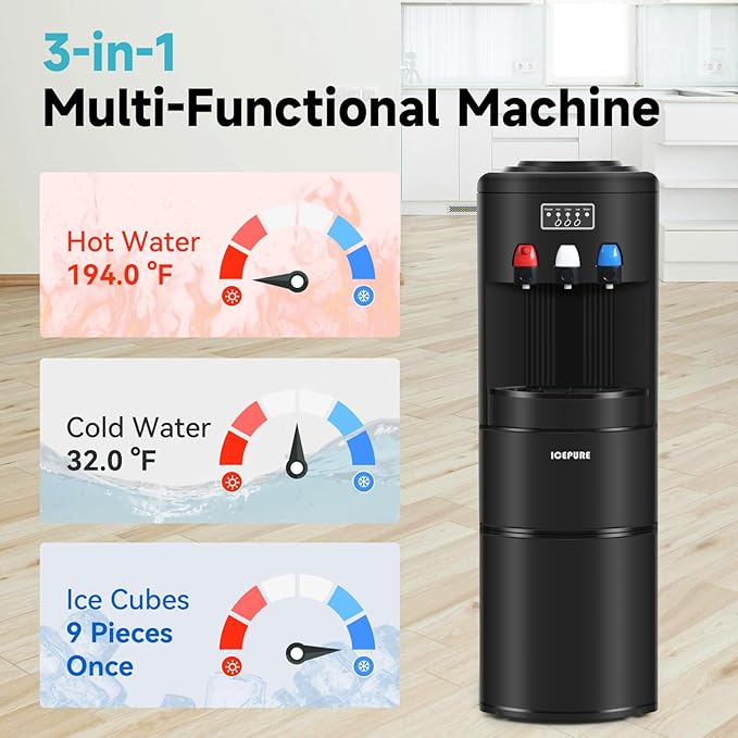 ICEPURE Water Dispenser with Ice Maker, 3-in-1 Hot and Cold Water Cooler with Built-in Bullet Ice Maker Machine, 26.5lbs/24H, Top Loading for 3-5 Gallon Bottle, Child Safety Lock, Black-Ruum Studio Home