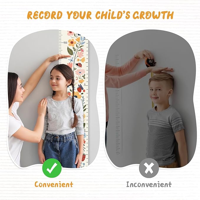 Personalized Name Growth Chart Wall Decor for Kids – Canvas Removable Height Chart Measuring Ruler 59" x 7.9" (Flowers)-Ruum Studio Home
