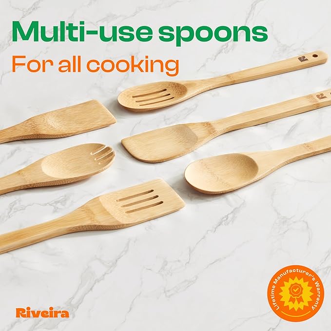 Riveira Bamboo Cooking Spoons 6-Piece – Wooden Cooking Utensils Set with Wooden Spoons for Cooking & Spatulas Wooden Utensil Sets – Premium Kitchen Utensils Set – Durable First Apartment Essentials-Ruum Studio Home