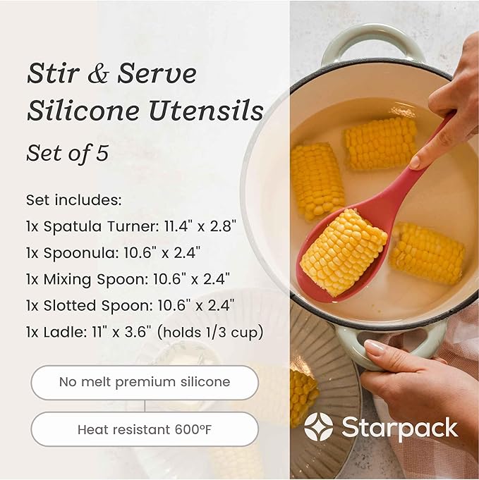 Starpack 'Stir & Serve' Silicone Cooking Utensils Set (5 Pcs) - Kitchen Utensils Set Heat Resistant to 600°F - Kitchen Utensils for Nonstick Cookware - Silicone Utensil Set for Mixing & Cooking-Ruum Studio Home