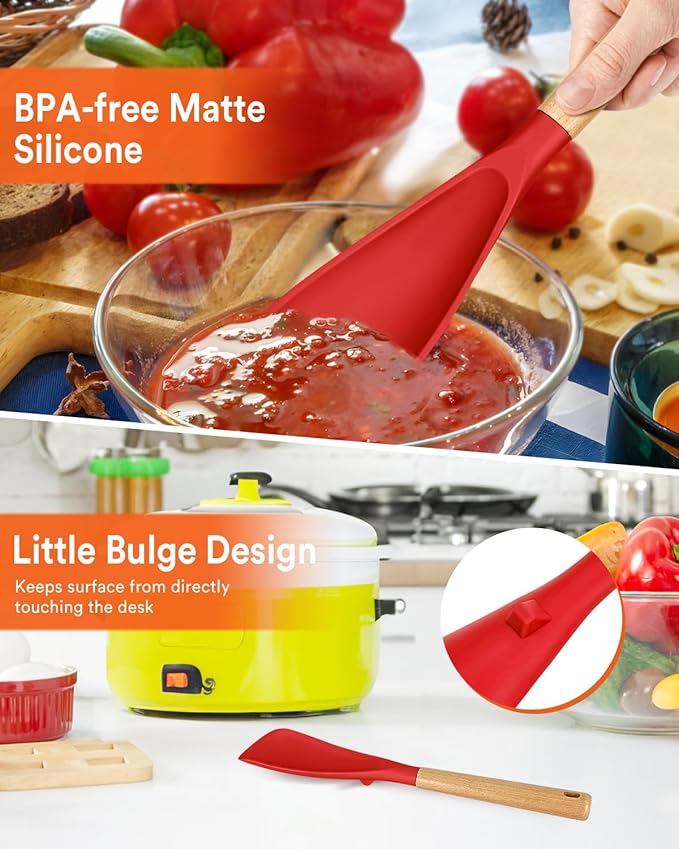 Multifunction Spatula Spoon for Nonstick Cookwares, Great for Cooking and Serving, Sturdy BPA-Free Matte Silicone, Wood Handle Spatula for Mixing, Scoop, and Scrape, Red(2 pack,11.4" & 13.4")-Ruum Studio Home