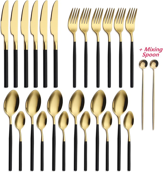 24 Piece Silverware Set For 6 Gold & Matte Black Handle Heavy duty 18/10 Stainless Steel Flatware Set Modern Design Knife/Fork/Spoon Mirror Polished Dishwasher Safe Cutlery Set with Gifts-Ruum Studio Home
