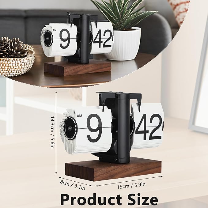 Flip Desk Clock, Retro Vintage Flip Desk Table Clock, Digital Sided Large Numbers Mechanical Flip Clock Wood Base for Living Room, Study Room and Office(Black)