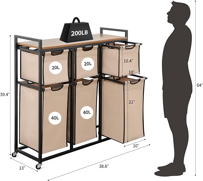 Laundry Basket Organizer, Hampers for Laundry 6 Compartments, Laundry Hamper with 6 Sliding Laundry Sorter Bags, Top Storage Shelf, and Metal Frame (6 Compartments)-Ruum Studio Home