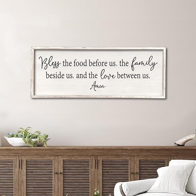 Bless the Food Before Us Sign Wall Decor 40"X15" Large Farmhouse Dining Room Wall Decor Framed Wood Rustic Home Wall Art Kitchen Decoration (White)-Ruum Studio Home
