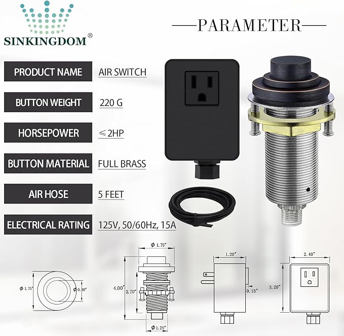 SinkTop Air Switch Kit (Long Full Brass Button) for Garbage Disposal, Cordless Oil Rubbed Bronze-Ruum Studio Home