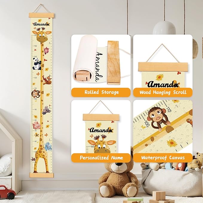 Personalized Name Growth Chart Wall Decor for Kids – Canvas Removable Height Chart Measuring Ruler 59" x 7.9" (Giraffes)-Ruum Studio Home