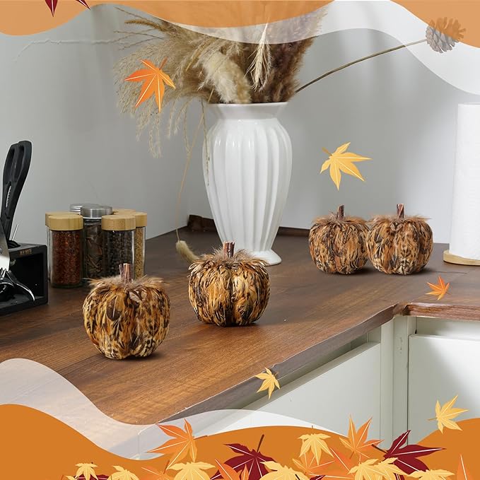 naturevibe 4.3 Inches Elegant Feathered Pumpkin Decor Set of 4 for Thanksgiving Decorations, Natural Feather Pumpkins as Fall Home Decor,Centerpieces for Tables or Autumn Harvest Gifts-Ruum Studio Home
