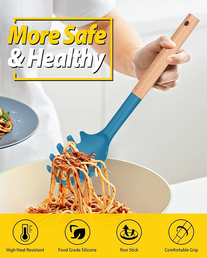 Silicone Pasta Fork and Ladle Spoon Set with Wooden Handle, Heat Resistant Non Stick Kitchen Utensils for Cooking, Stirring, Serving Spaghetti, Soup, Sauce(BLUE)-Ruum Studio Home