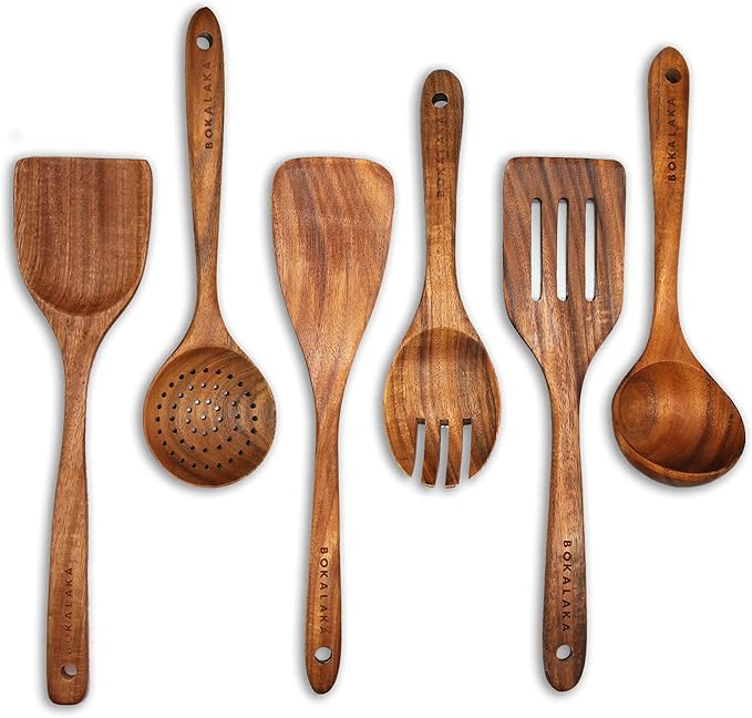 GreyWooden Kitchen Utensil Set, 6Pcs Wooden Cooking Utensils for Non-Stick Pan, 100% Natural Teak Wooden Spatula-Ruum Studio Home