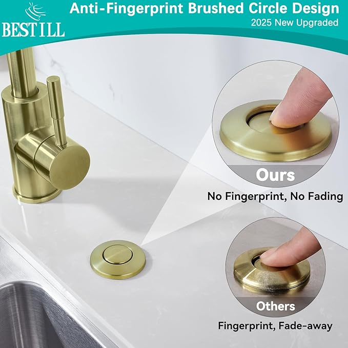 BESTILL Garbage Disposal Air Switch Kit - Brushed Gold Garbage Disposals Button, 3.6” Long Sink Top On/Off Push Button for Waste Disposer, Brass Made Cover, UL Listed, Compatible with all Disposers-Ruum Studio Home