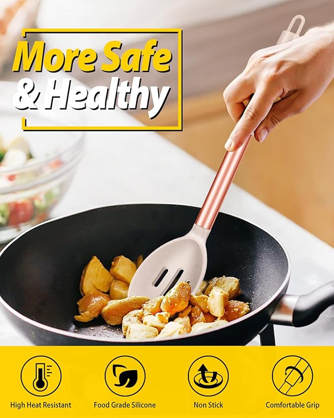 Pack of 2 Large Silicone Cooking Spoons,Non Stick Solid Basting Spoon,Heat-Resistant Kitchen Utensils for Mixing,Serving,Draining,Stirring (ROSE GOLD KHAKI)-Ruum Studio Home