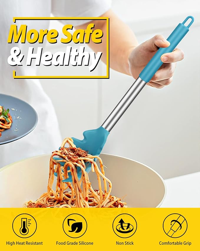 Silicone Pasta Fork and Ladle Spoon Set, Large Non Stick Kitchen Utensils for Cooking,Stirring,Serving Spaghetti, Soup, Sauce (BLUE)-Ruum Studio Home