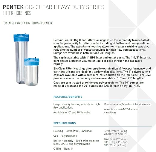 Pentair Pentek 166219 Big Clear Filter Housing, 1" NPT #10 Whole House Heavy Duty Water Filter Housing with Pressure Relief Button, 10-Inch, Blue/Clear-Ruum Studio Home