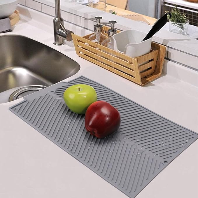 Silicone Dish Drying Mat for Kitchen Counter, 15''x 10'' Drying Mat with Drain Lip, Non-Slip Dish Drainer Mats with Built-in Drain, Heat Resistant Drain Pad on Countertop, Gray-Ruum Studio Home