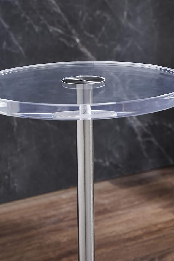 Clear Acrylic End Table,Side Table,Brushed Silver Metal,Round,for Office, Living Room and Bedroom,Easy Assembly,12x12 inch,21.3 inch high-Ruum Studio Home