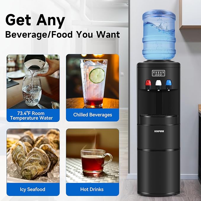 ICEPURE Water Dispenser with Ice Maker, 3-in-1 Hot and Cold Water Cooler with Built-in Bullet Ice Maker Machine, 26.5lbs/24H, Top Loading for 3-5 Gallon Bottle, Child Safety Lock, Black-Ruum Studio Home