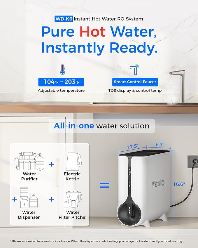 Waterdrop Reverse Osmosis System, Instant Hot Water Dispenser, 600 GPD, Reduce PFAS, Tankless, 2:1 Pure to Drain, Under Sink, TDS Reduction, Smart LED Faucet, Hot and Cold Water Dispenser Faucet-Ruum Studio Home