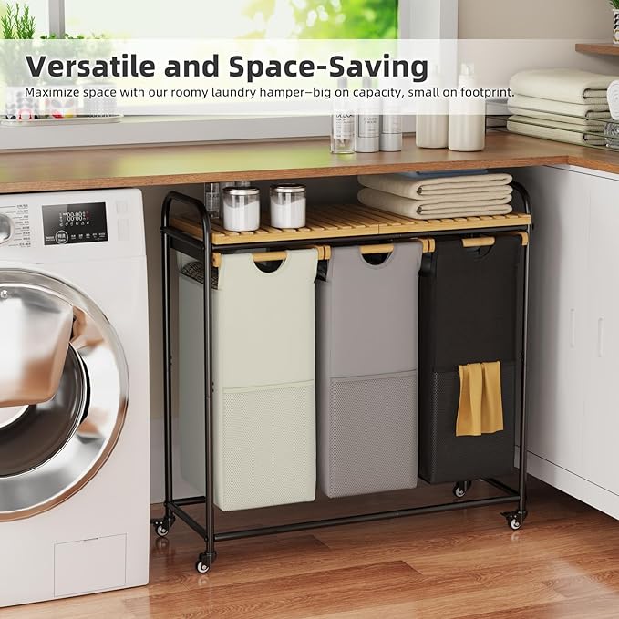 Laundry Hampers 3 Section, Laundry Sorter with Removable Shelf and Pull-Out Bags, Clothes Hampers with Wheels Rolling Cart Basket for Laundry Room Bathroom, 3 x 40 L (Black White Gray)-Ruum Studio Home