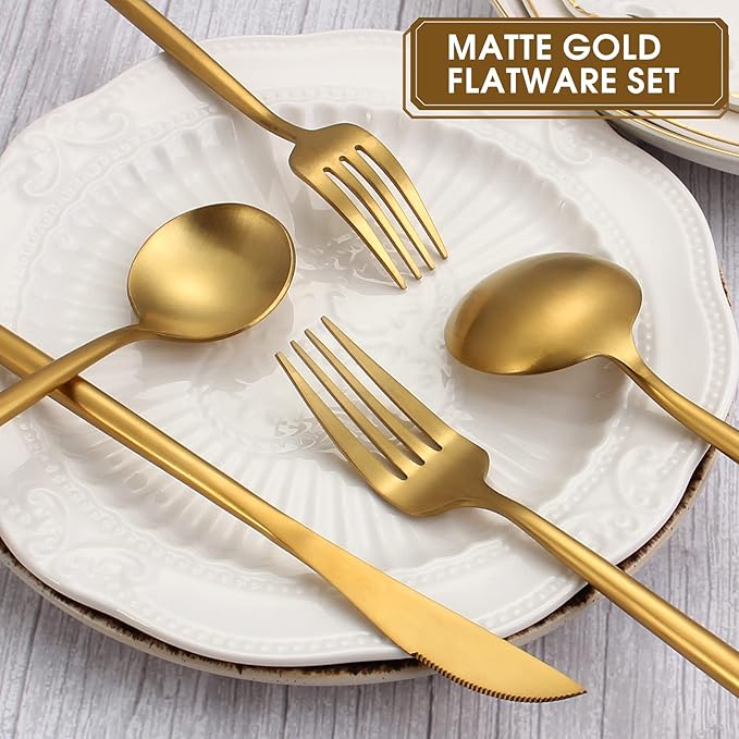 Matte Gold Silverware Set, 40-Piece Stainless Steel Flatware Set, Tableware Cutlery Set Service for 8, Satin Finish Utensils Set, Knife Fork Spoon Set for Home and Restaurant, Dishwasher Safe