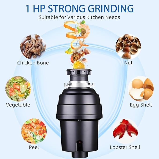 Powerful 1HP Stainless Steel Garbage Disposer, Dishwasher-Friendly and Continuous Feeding Waste Disposer, Grinding Material Four-Stage Grinding, Black-Ruum Studio Home